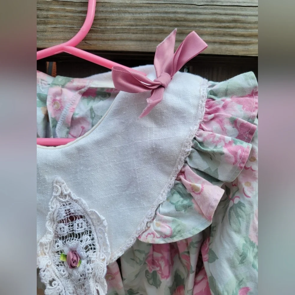 VTG Floral Dress Girls 3T COTTAGECORE  pink Prairie rosette lace FAIRY 90s